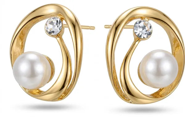 Pearl Crystal Oval Stud Earrings - Gold Plated with Pearl and Crystal