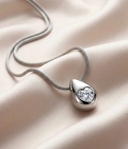 Crystal Teardrop Heart Pendant Necklace - Silver Metal with Crystal