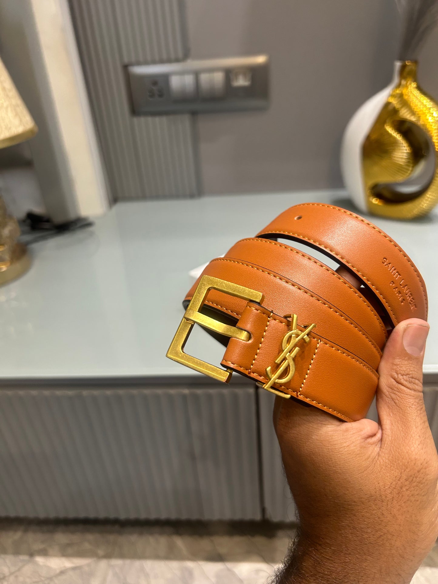 Premium YSL-Plain Tan Waist Belt Women With Box