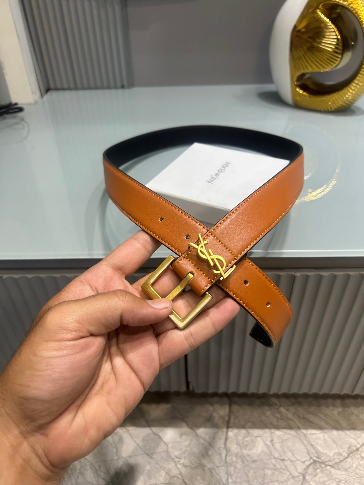 Premium YSL-Plain Tan Waist Belt Women With Box