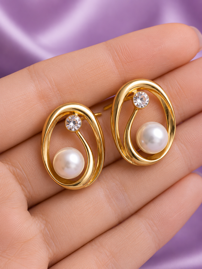 Pearl Crystal Oval Stud Earrings