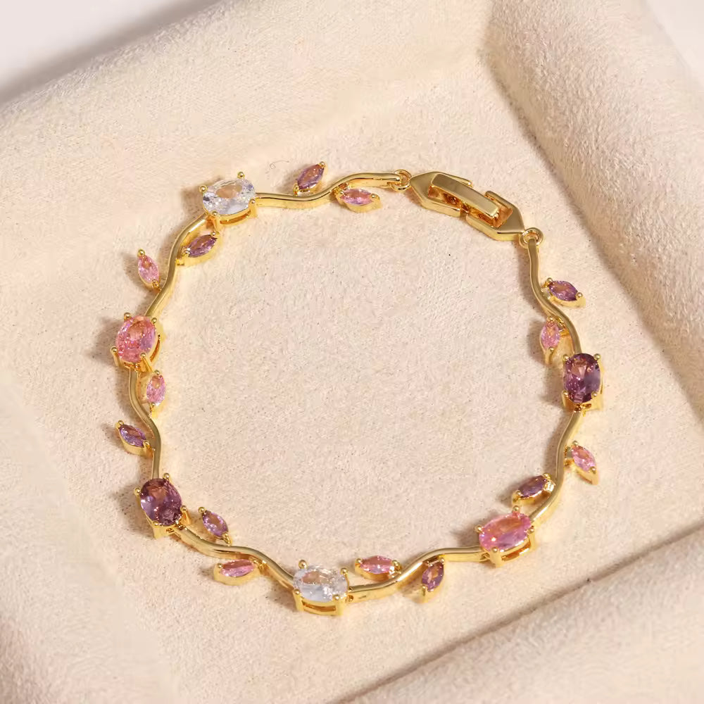 Fairy Bloom Tulip Bracelet - Gold Tone with Pink and Lilac Stones