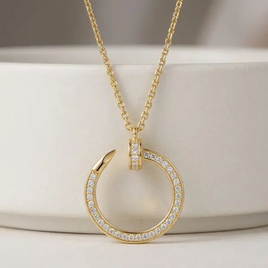 Crystal Halo Circle Pendant Necklace - Gold Plated with Cubic Zirconia